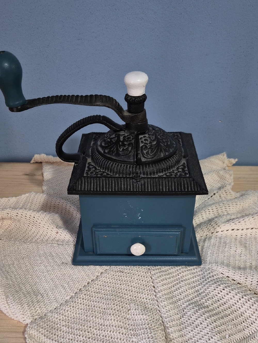 New Vintage Manual Coffee Grinder in Teal with Black Cast Top
